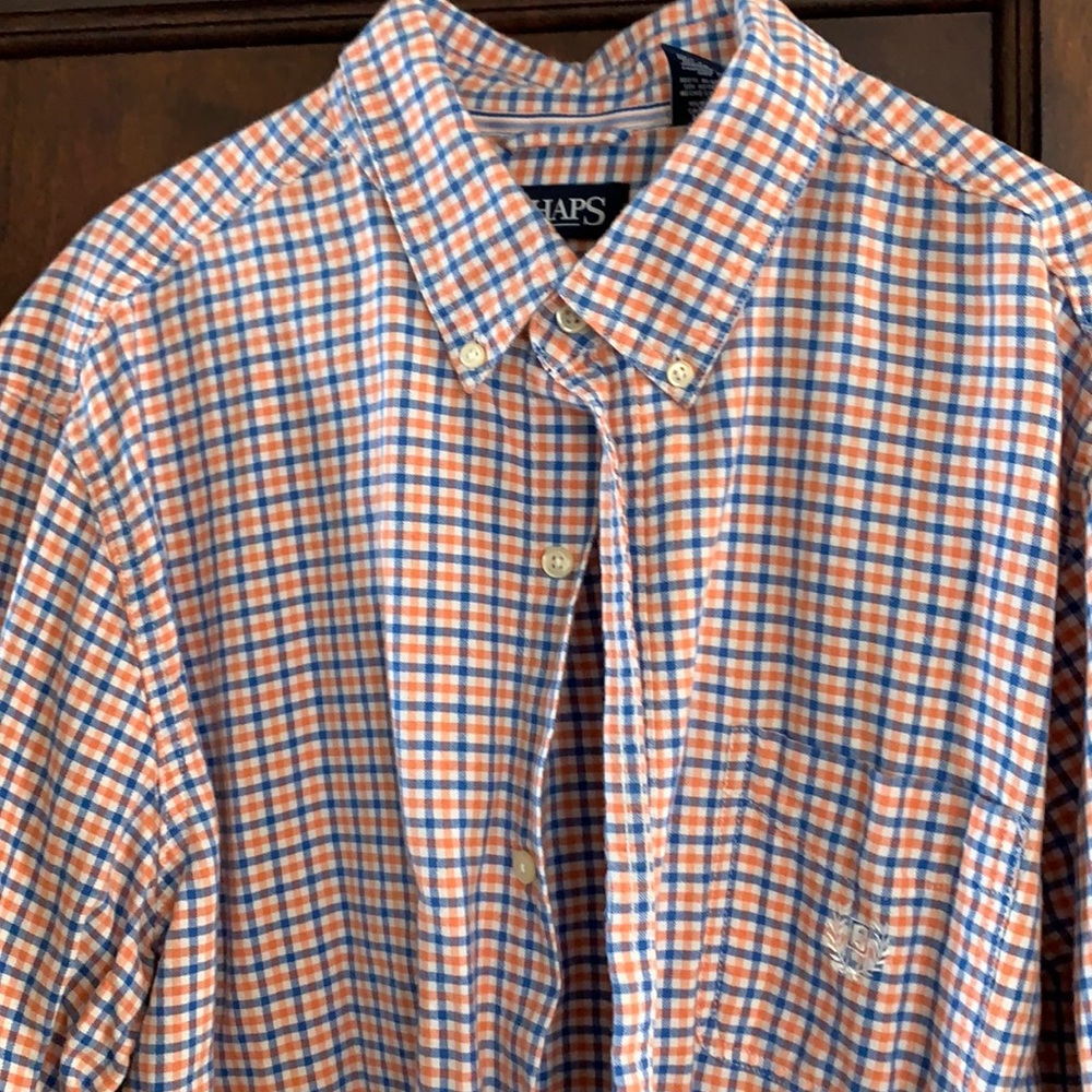 Orange blue and white chaps long sleeve button